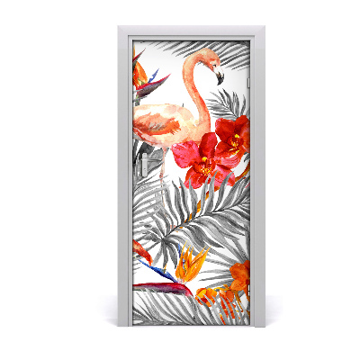 Self-adhesive door sticker Flamingos and flowers