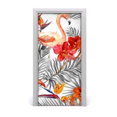 Self-adhesive door sticker Flamingos and flowers