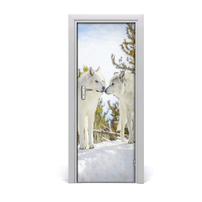 Self-adhesive door sticker Two white wolves