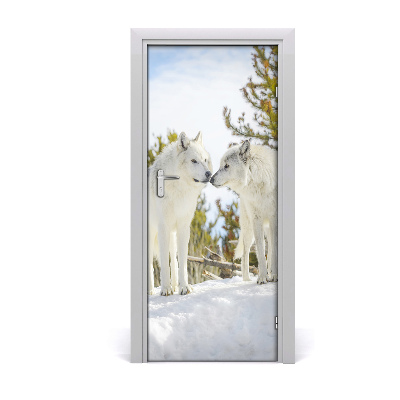 Self-adhesive door sticker Two white wolves