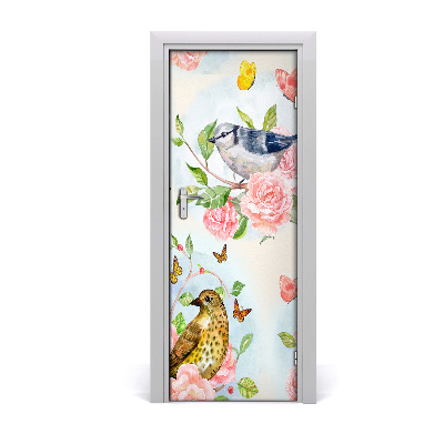 Self-adhesive door sticker Birds, butterflies and roses