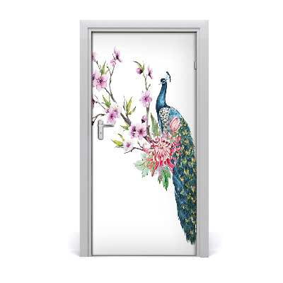 Self-adhesive door sticker Peacock and flowers