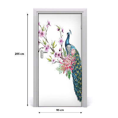 Self-adhesive door sticker Peacock and flowers