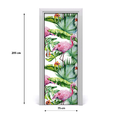 Self-adhesive door veneer Leaves and flamingos