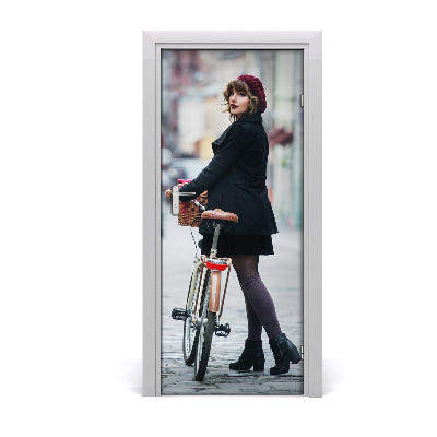 Self-adhesive door wallpaper Woman on a bicycle