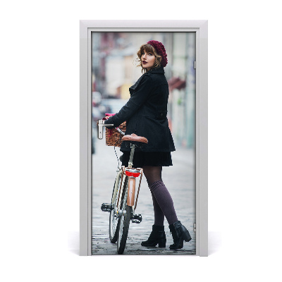 Self-adhesive door wallpaper Woman on a bicycle