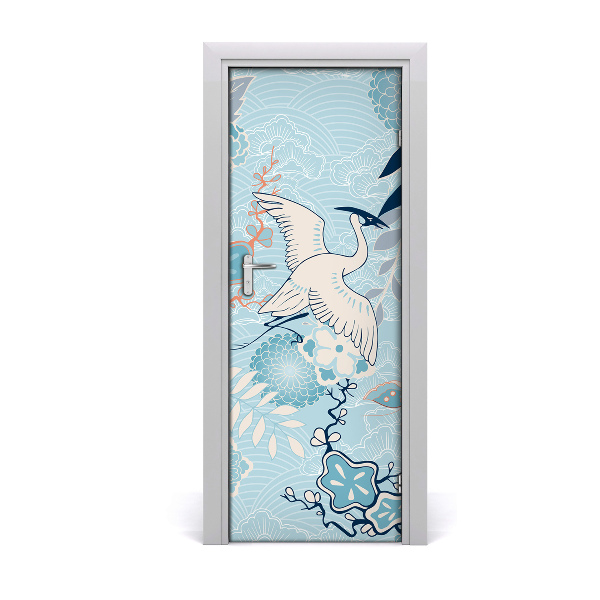 Self-adhesive door sticker Crane and flowers