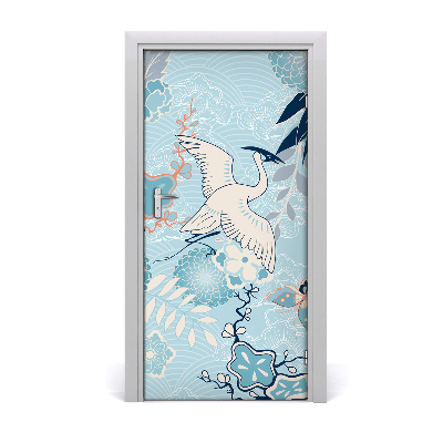 Self-adhesive door sticker Crane and flowers