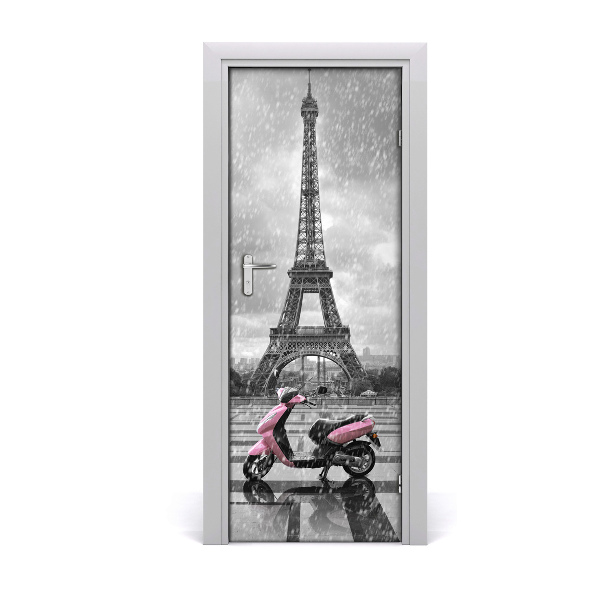 Self-adhesive door wallpaper Eiffel tower scooter