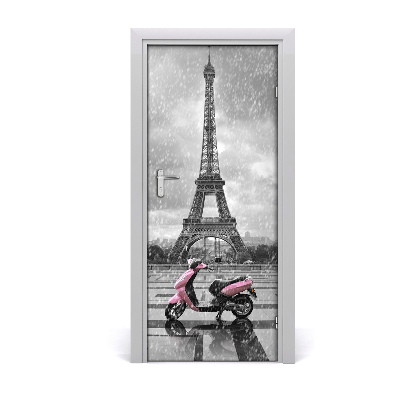 Self-adhesive door wallpaper Eiffel tower scooter