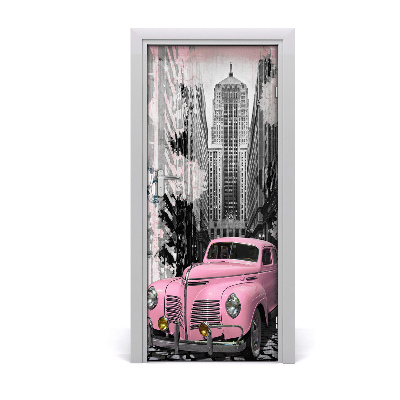 Self-adhesive door wallpaper Pink car