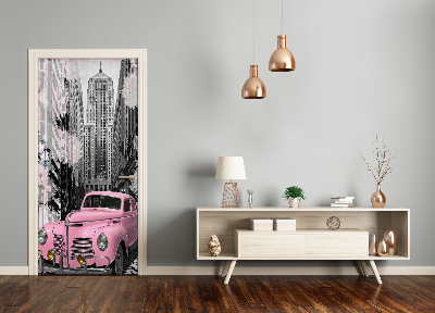 Self-adhesive door wallpaper Pink car