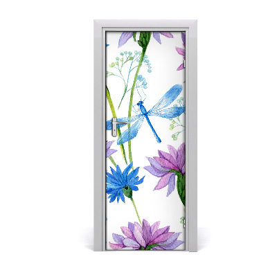 Self-adhesive door veneer Flowers and dragonflies