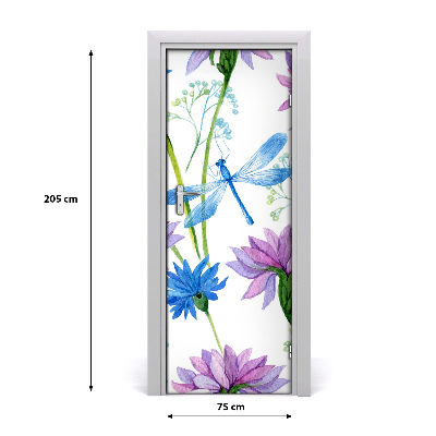 Self-adhesive door veneer Flowers and dragonflies