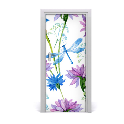 Self-adhesive door veneer Flowers and dragonflies