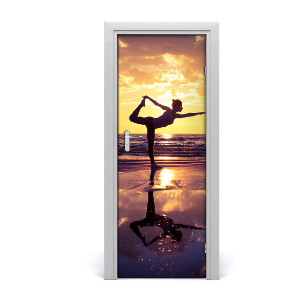 Door wallpaper Yoga people on the beach