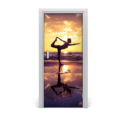 Door wallpaper Yoga people on the beach