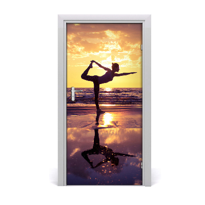 Door wallpaper Yoga people on the beach