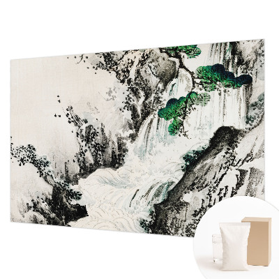 Large wall mural featuring a natural waterfall scene