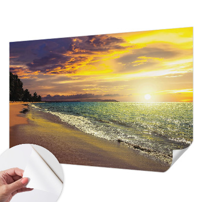 Self-adhesive wall mural with a beach at sunset motif