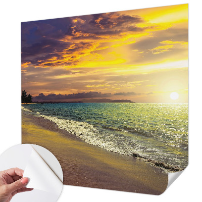 Self-adhesive wall mural with a beach at sunset motif