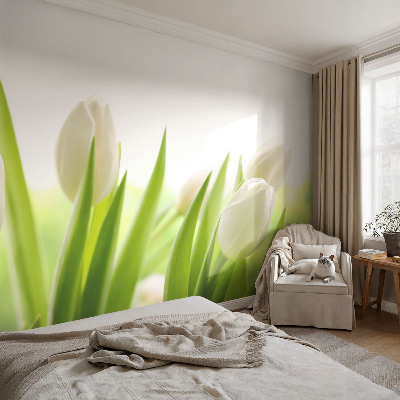 Removable wall mural with a white tulip design