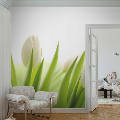 Removable wall mural with a white tulip design