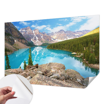 Peel and stick wall mural for living room with a blue lake design