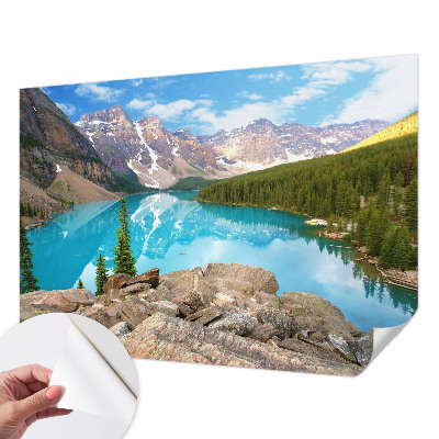 Peel and stick wall mural for living room with a blue lake design