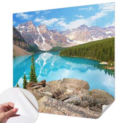 Peel and stick wall mural for living room with a blue lake design