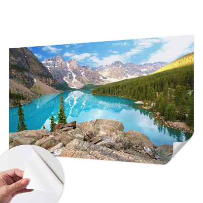 Peel and stick wall mural for living room with a blue lake design