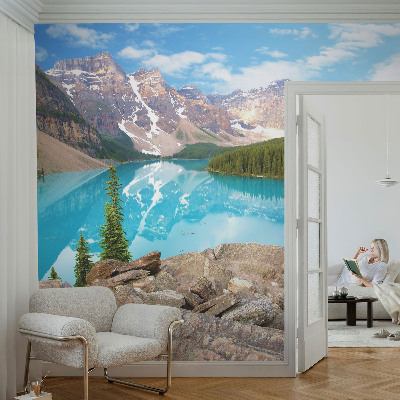 Peel and stick wall mural for living room with a blue lake design