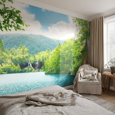 3D photo wallpaper mural showing a natural waterfall scene