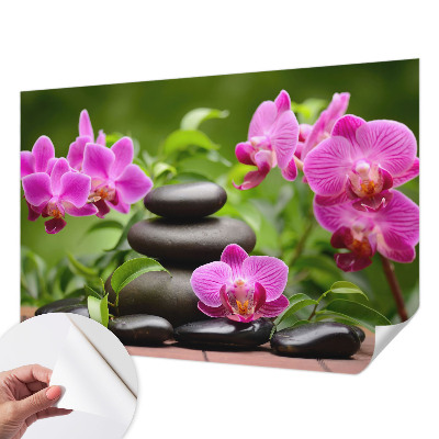 Removable wall mural wallpaper with an orchid stone design