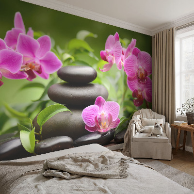 Removable wall mural wallpaper with an orchid stone design