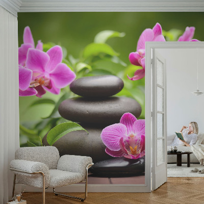 Removable wall mural wallpaper with an orchid stone design