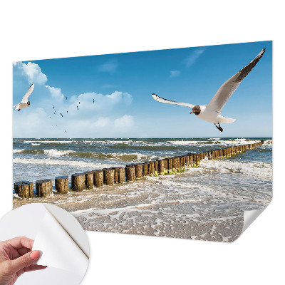 Peel and stick wall mural for living room with a seaside landscape design