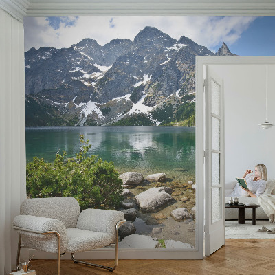 Peel and stick wall mural for kids' room with a mountain lake design