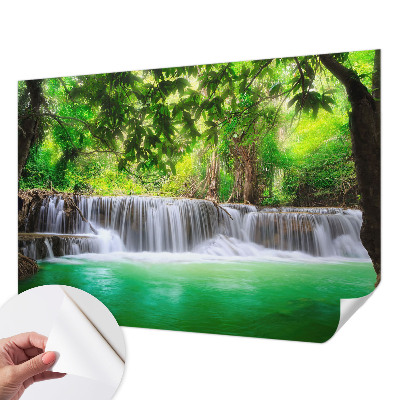 Removable wall mural wallpaper with a forest waterfall design