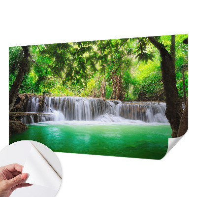 Removable wall mural wallpaper with a forest waterfall design