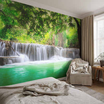 Removable wall mural wallpaper with a forest waterfall design