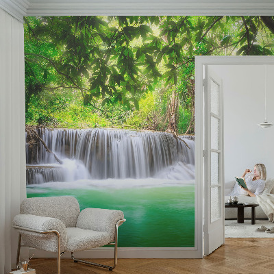 Removable wall mural wallpaper with a forest waterfall design