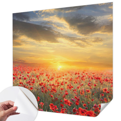 Peel and stick wallpaper mural with a poppy field design