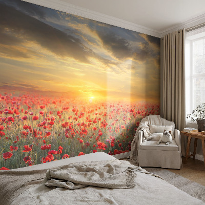 Peel and stick wallpaper mural with a poppy field design