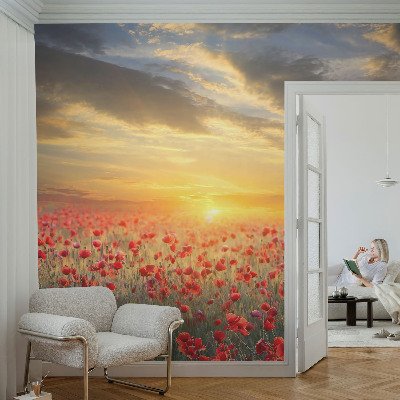 Peel and stick wallpaper mural with a poppy field design