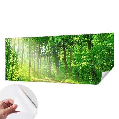Self-adhesive wall mural featuring a forest path motif