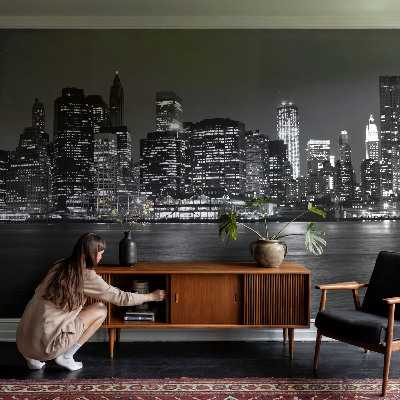 Peel and stick wall mural for bedroom featuring a night metropolis design