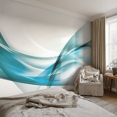 Peel and stick wall mural for kids' room with a blue waves design