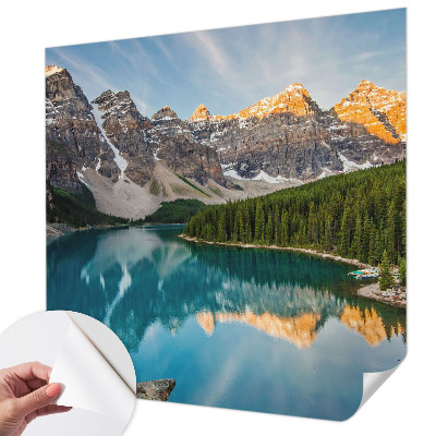Peel and stick wall mural for living room with a mountain reflection design