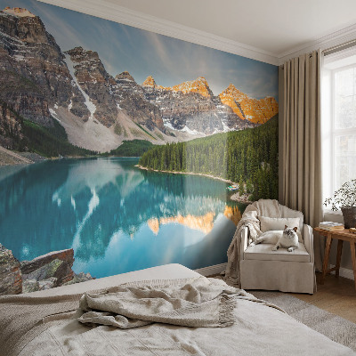 Peel and stick wall mural for living room with a mountain reflection design